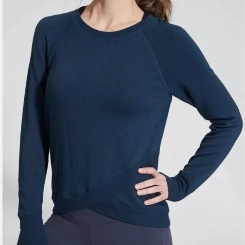 Athleta Criss Cross Soft Pullover Sweatshirt XXS Abyss Dark Teal Blue EUC
